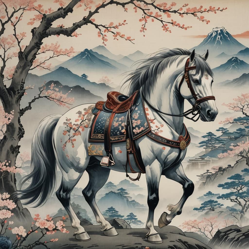 Majestic Chinese Horse in Ukiyo-e Style Landscape
