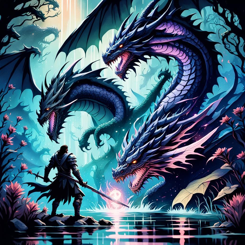 Dark Warrior Battles Divine Dragon Under Lake