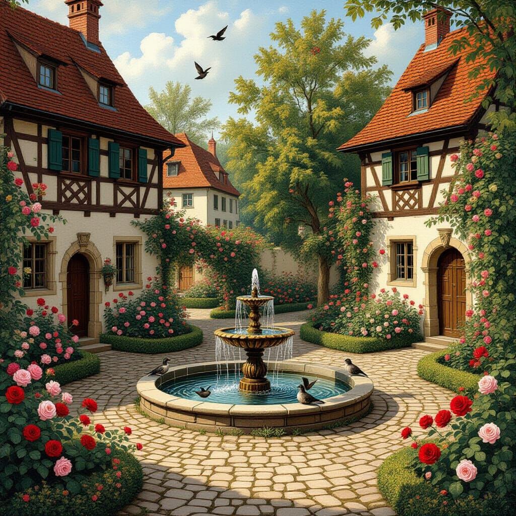 Medieval Rose Garden with Fountain, Albrecht Dürer Style