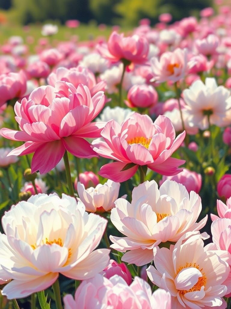 Pink and White Peonies in Impressionist Landscape