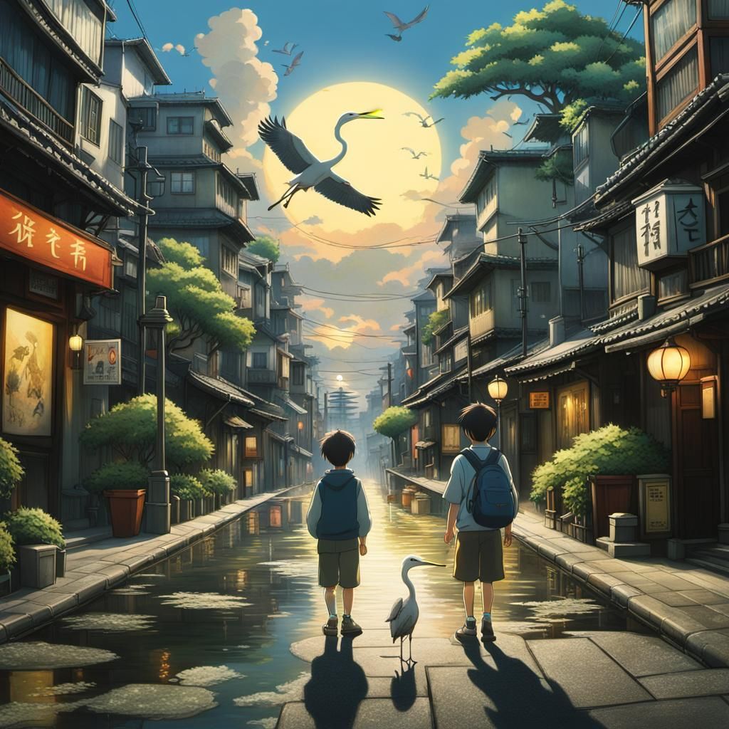 Ghibli-esque Scene: Boy and Heron in Tokyo