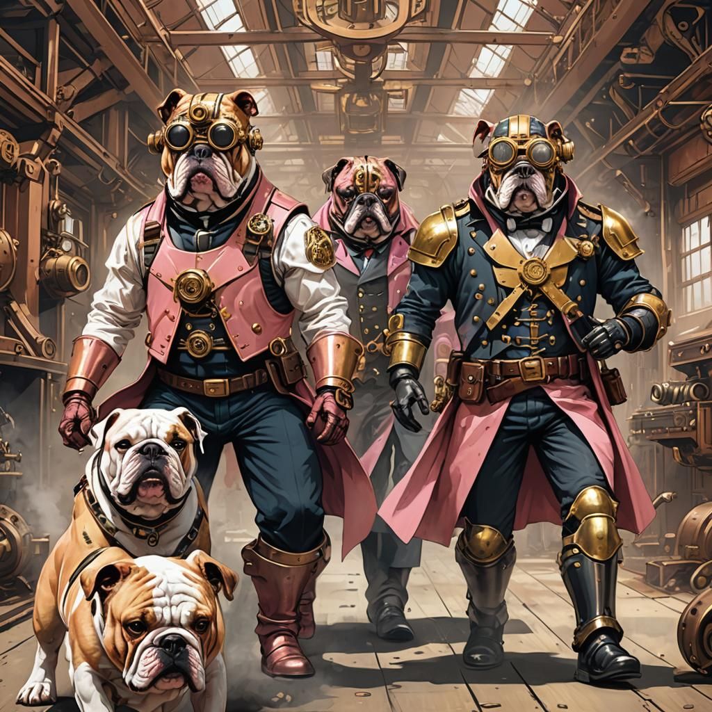Steampunk Bulldog Trio in Detailed 3D Fantasy Art
