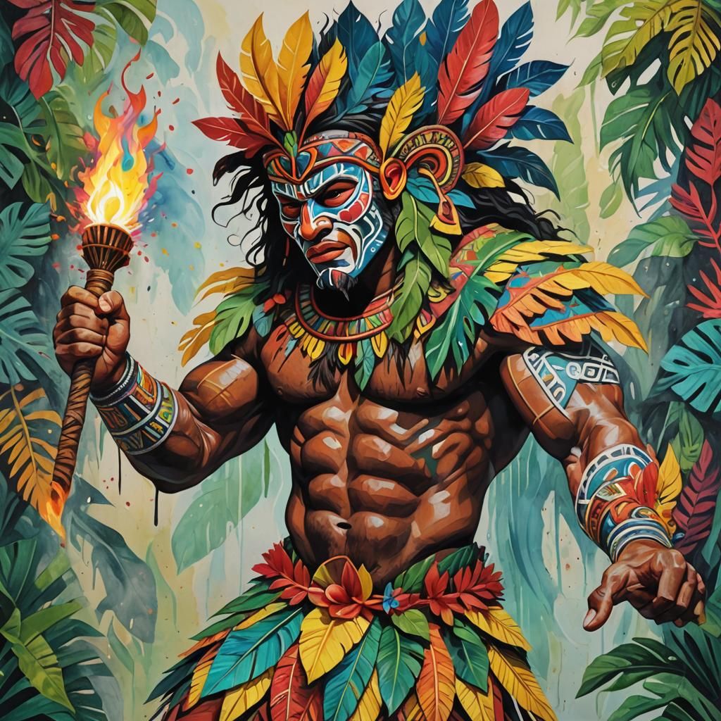Polynesian man with colorful mask, and leaf skirt, muscular,...
