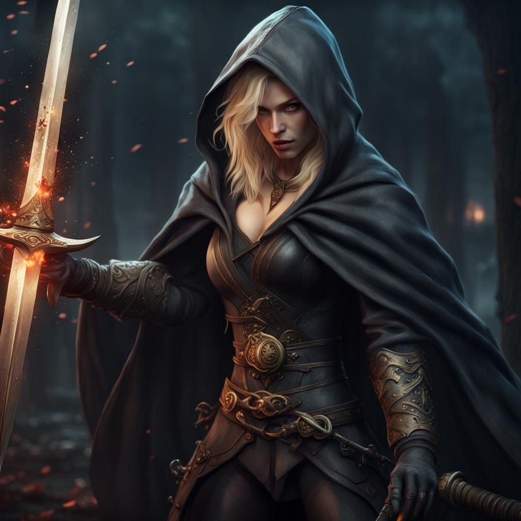 Fantasy Woman Warrior with Swords and Cloak