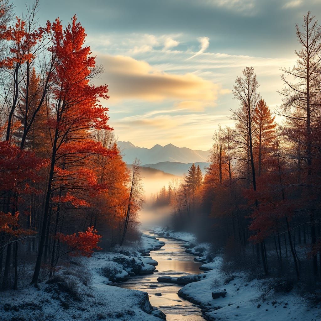 Serene Winter Forest with Autumn Hues in Golden Hour Light