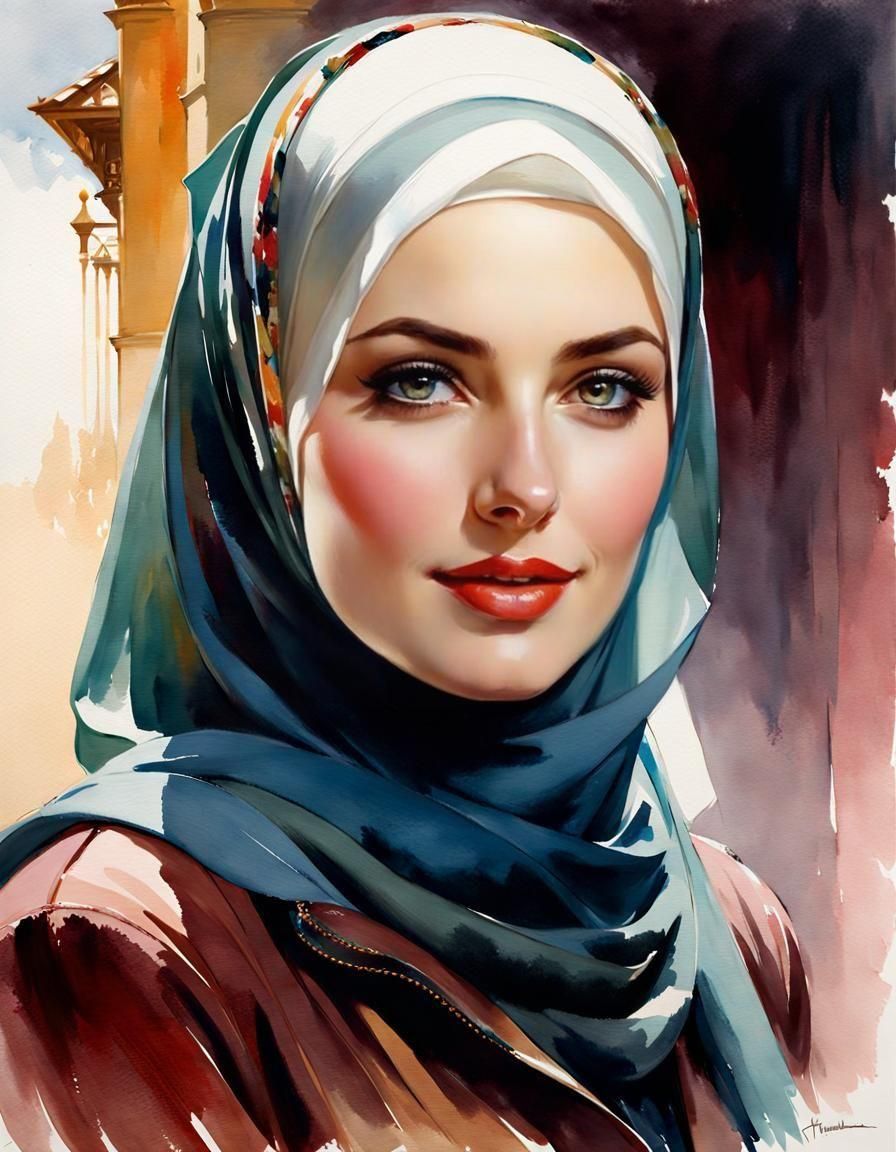 A Watercolor Portrait of a Friendly Hijabi Woman