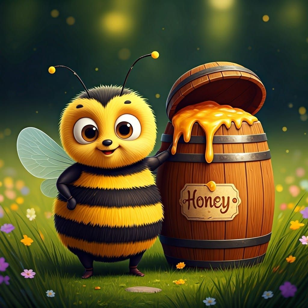 Charming Anime-Style Bumblebee Amidst a Vibrant Honey Meadow