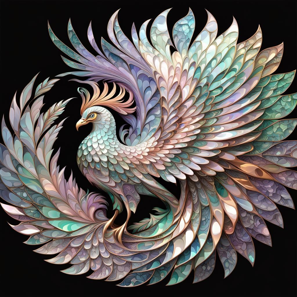 Iridescent Fractal Phoenix Mosaic in Gold and Lavender