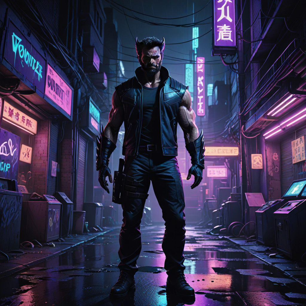 Cybergoth Wolverine in Neon Alleyway, Inspired by Syd Mead a...