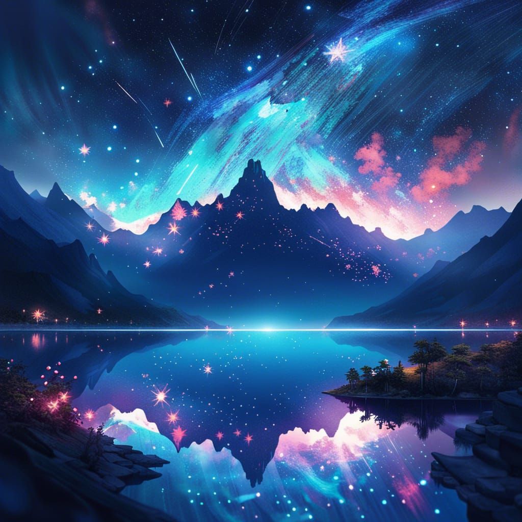 Mystical Night Sky Reflected in Lake: Fantasy Art