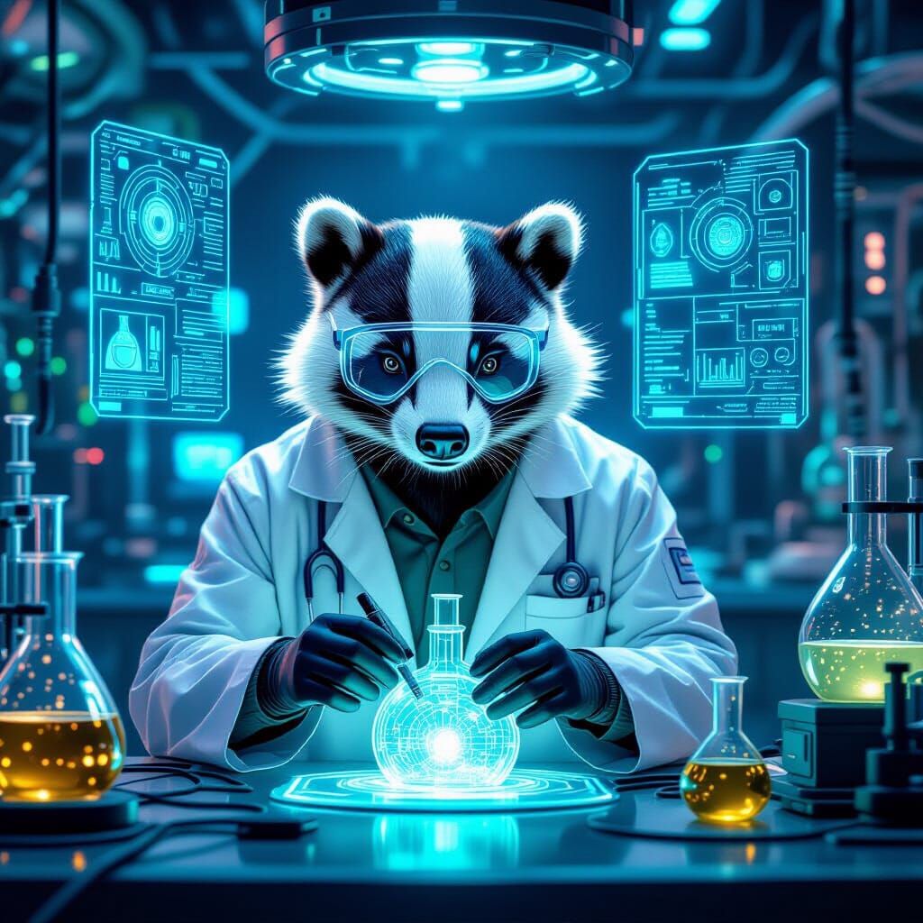 Badger Scientist in a Cyberpunk Art Nouveau Lab