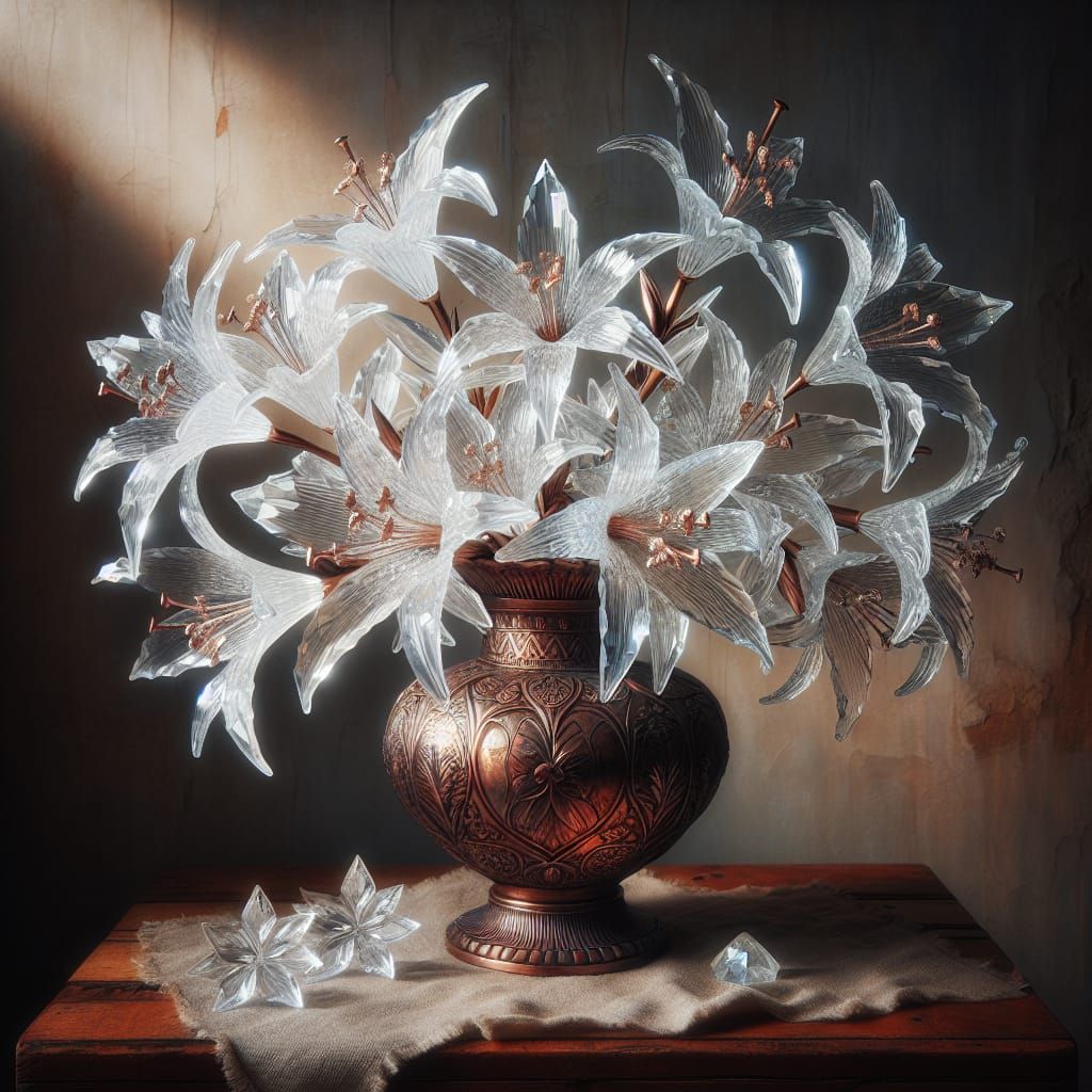 Crystal Lilies in Copper Vase with Ethereal Glow