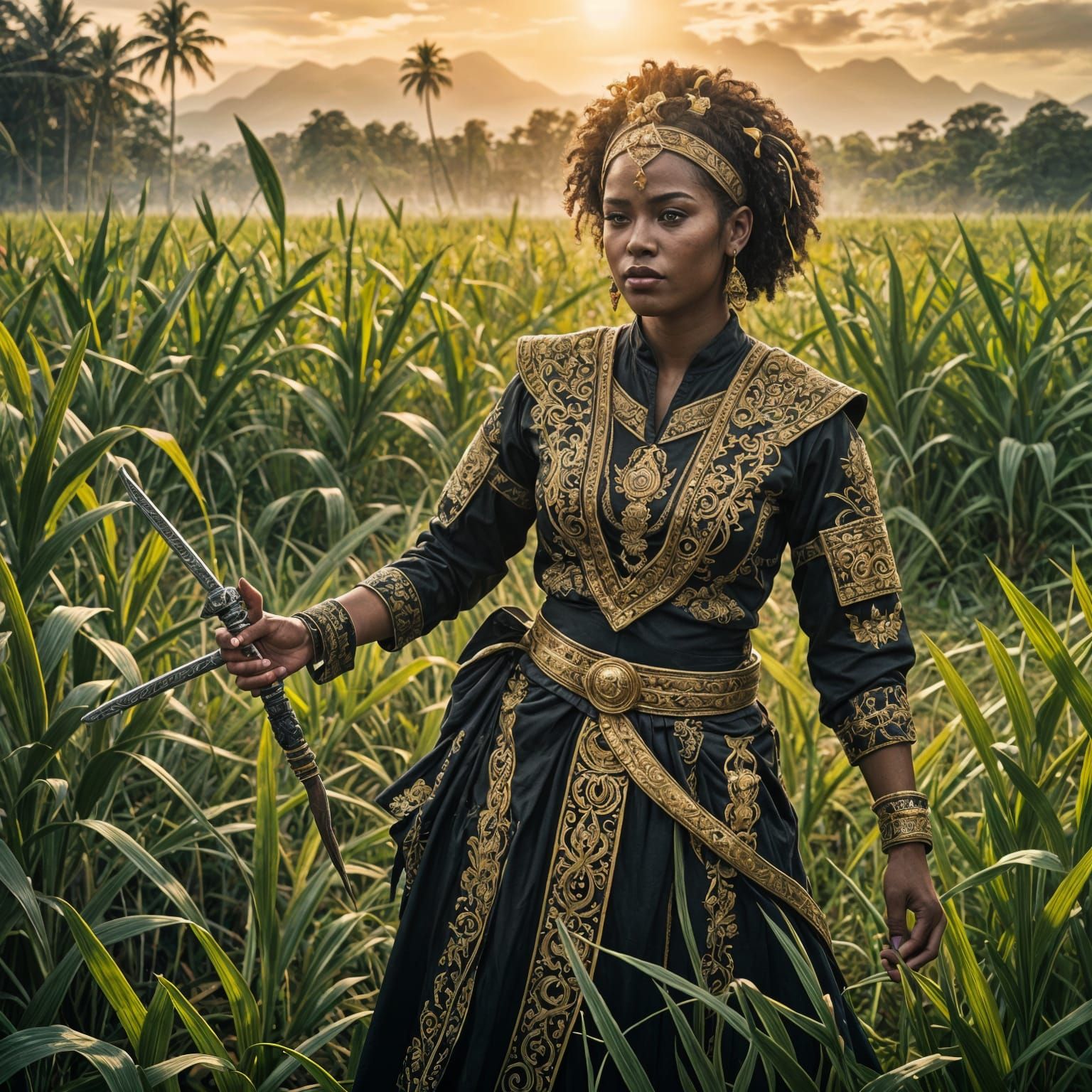 Cosmic Black Woman Warrior in Malay Dress
