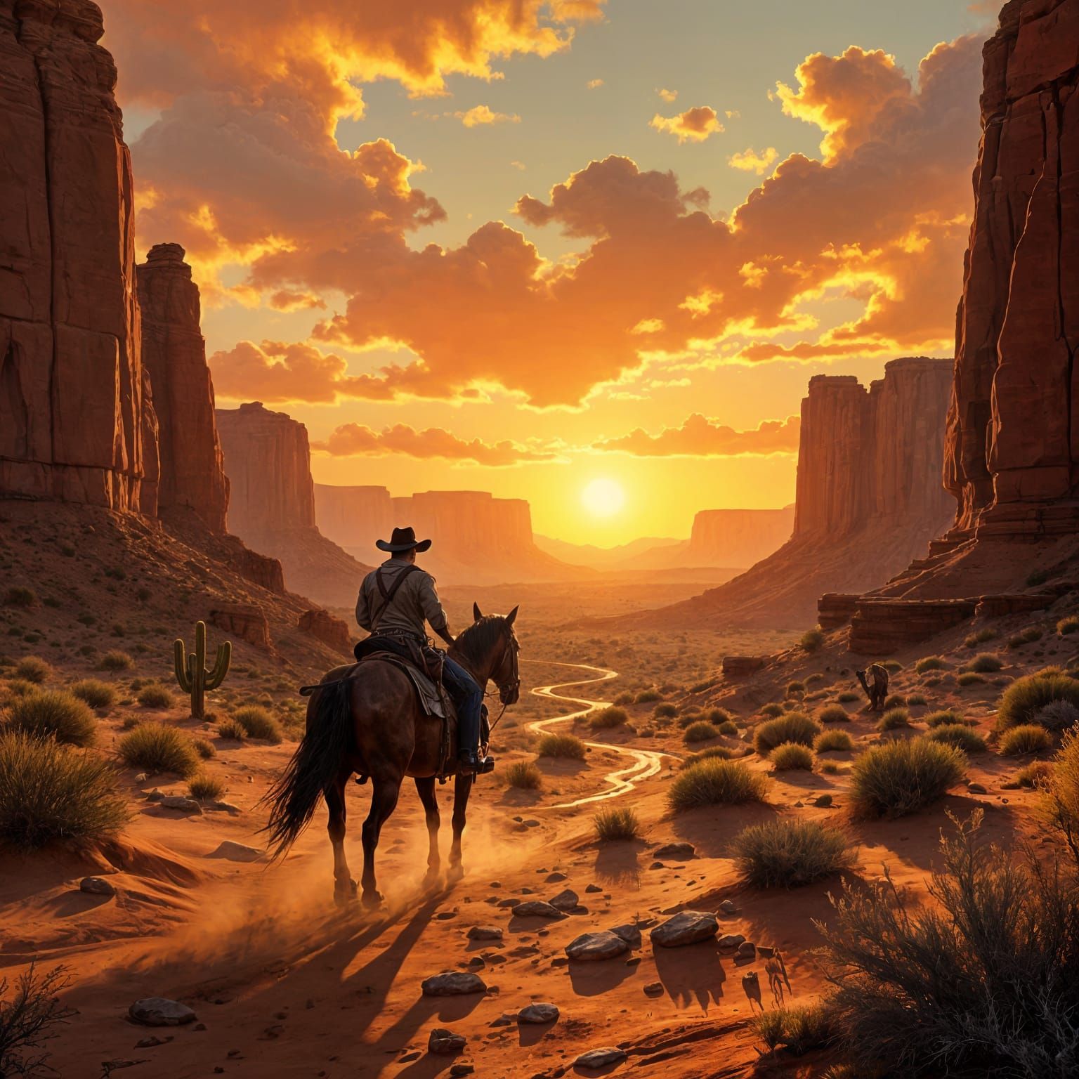 Cowboy Explores Overgrown Desert Canyon at Sunset