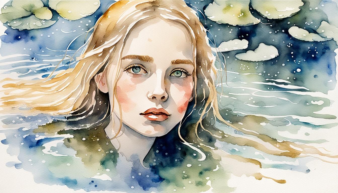 Dreamy Watercolor of Woman in Pond with Lilies