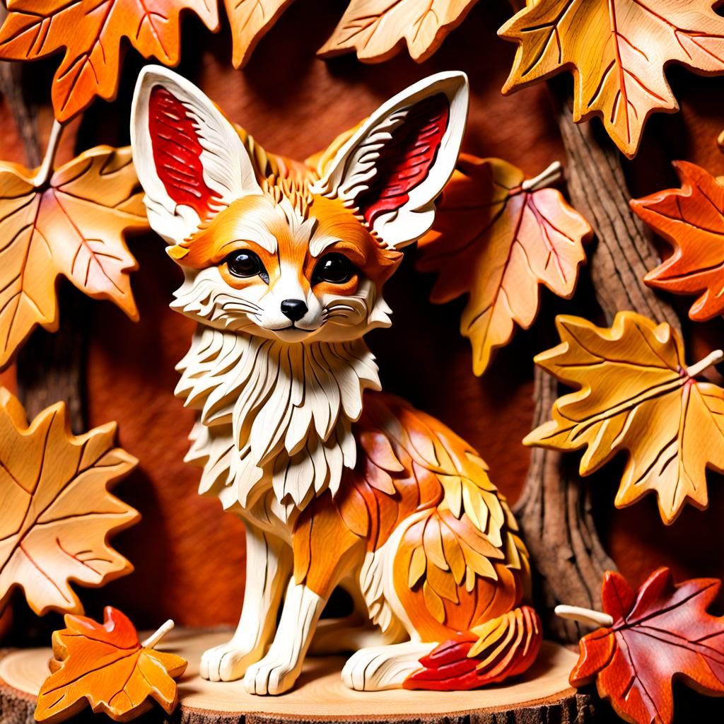 Fennec Fox Wood Carving in Autumnal Light