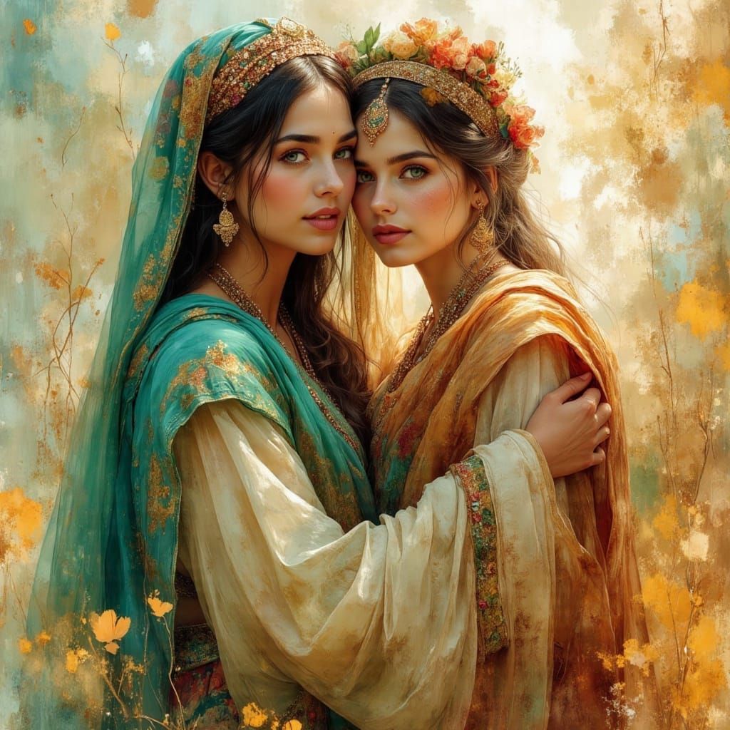 Bedouin Woman and Horse in Lush Oasis: Oil Painting