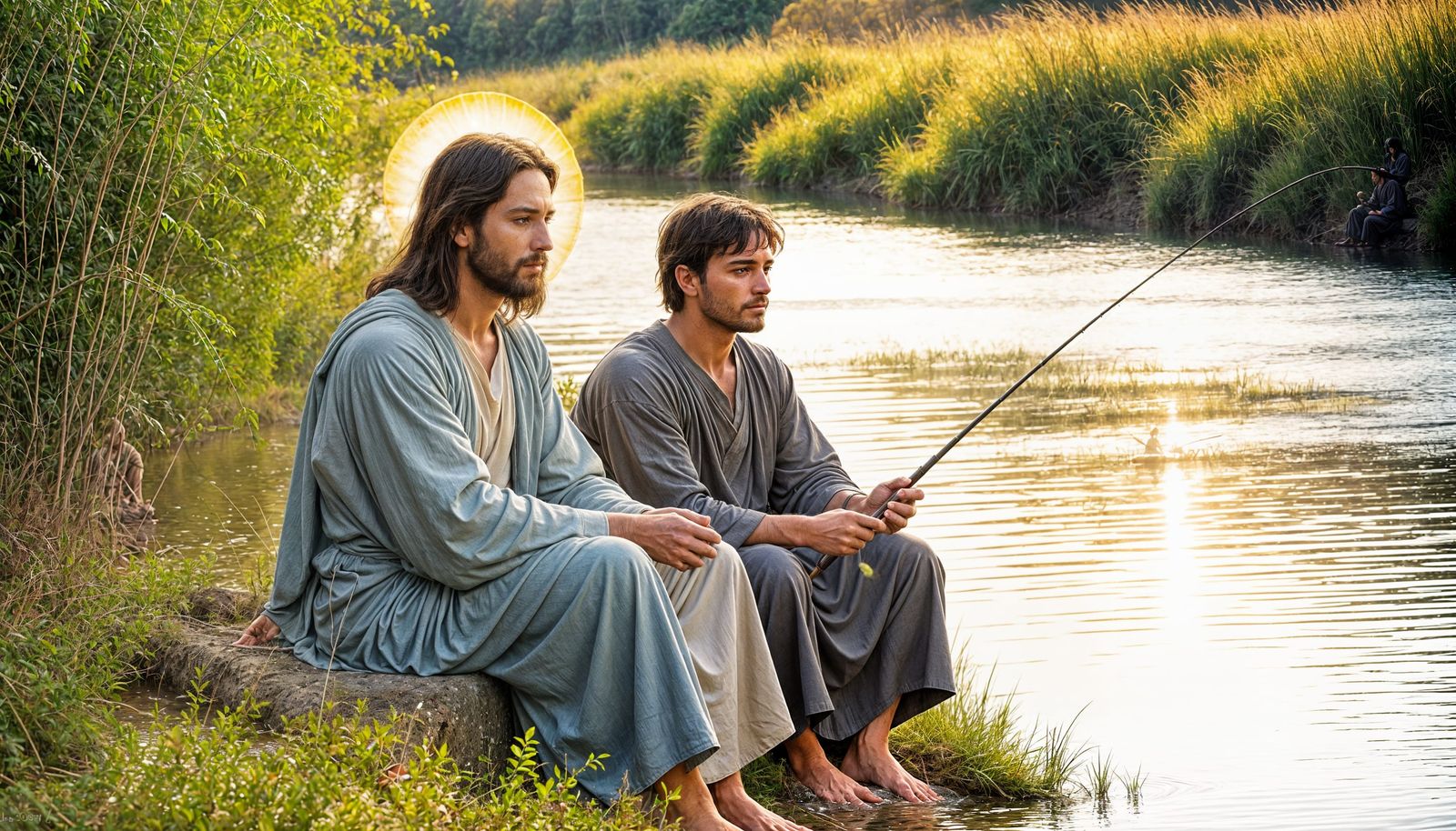 Jesus and John Fishing by a Tranquil River