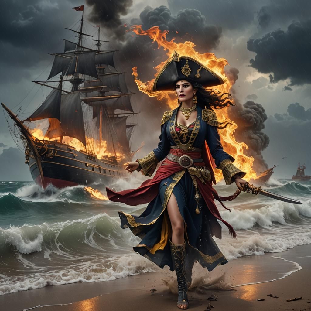 Pirate on Beach with Burning Ship in Storm