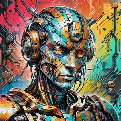 <lora:Cyborg:1.0>  A hyperdetailed PC board with resistors and connectors forming a colorful face, rendered in splash ar...