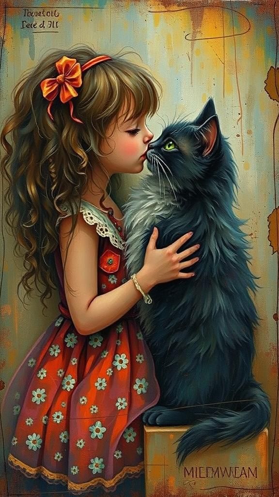 Adorable little girl with curly brown hair and bright green eyes, wearing a yellow sundress with white flowers, hugging ...