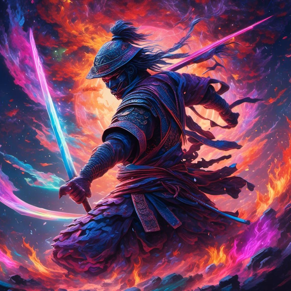 Astral Battle: Ninja Versus Samurai in Cosmic Art