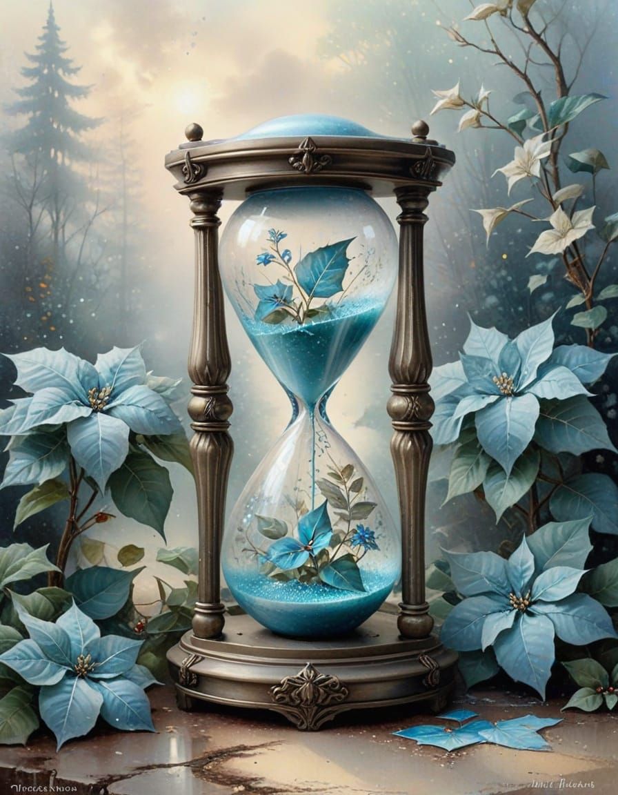 Antique Hourglass with Teal & Blue Poinsettias