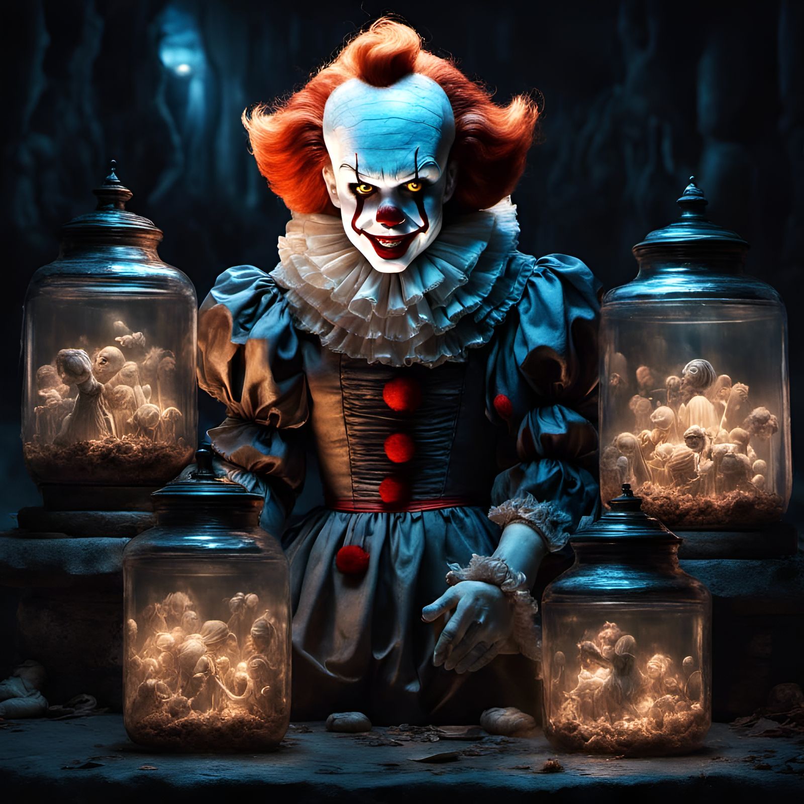 Pennywise, glass jars with humans inside