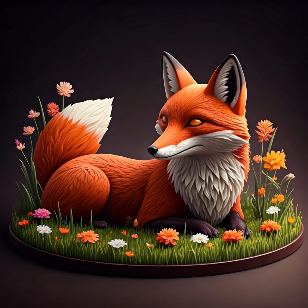 Chocolate Fox Sculpture in Lush Meadow