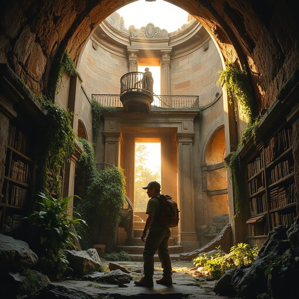 Tiny Explorer in Overgrown Temple Ruins