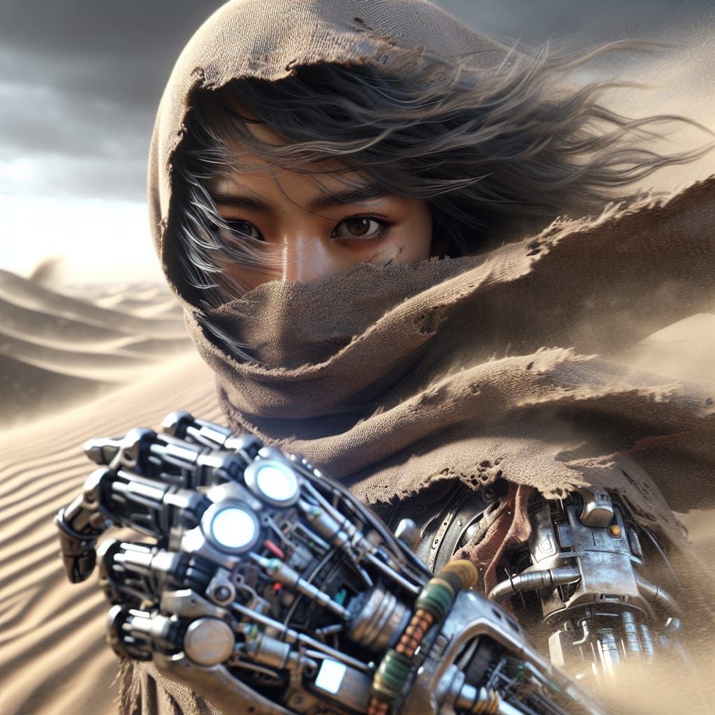 Cybernetic Woman in Post-Apocalyptic Sandstorm