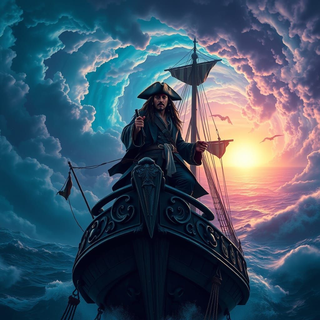 Heroic Pirate Captain in Turquoise Sunset