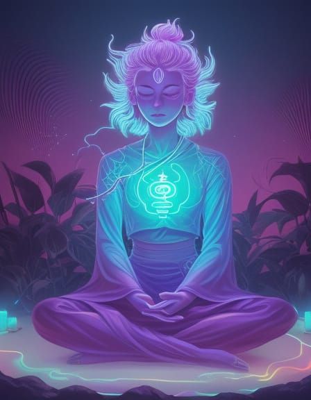 Meditating Character in Protective Glow with Synthwave Lante...
