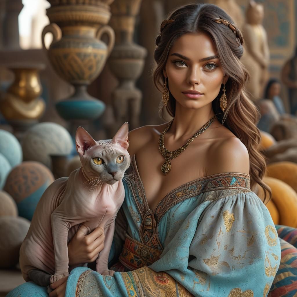 Confident Woman with Symbolic Cat, Cinematic Painting
