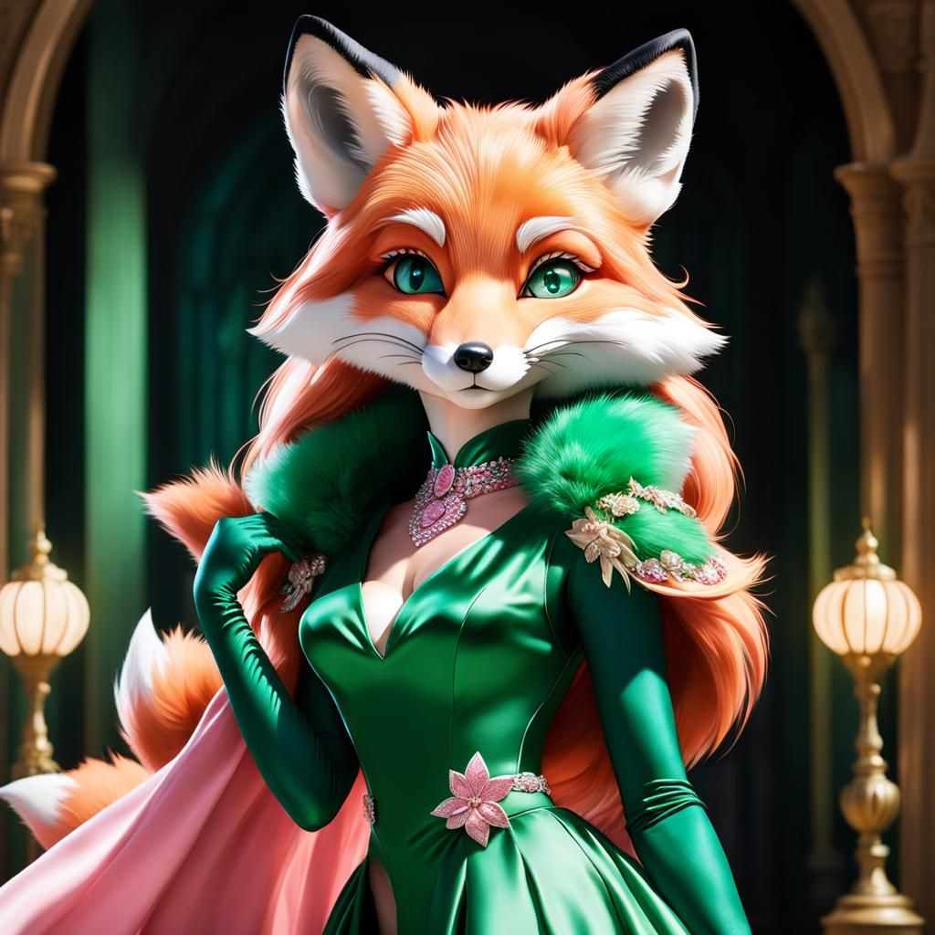 Glamorous Anthropomorphic Fox in Pink Gown: CGI Anime Style