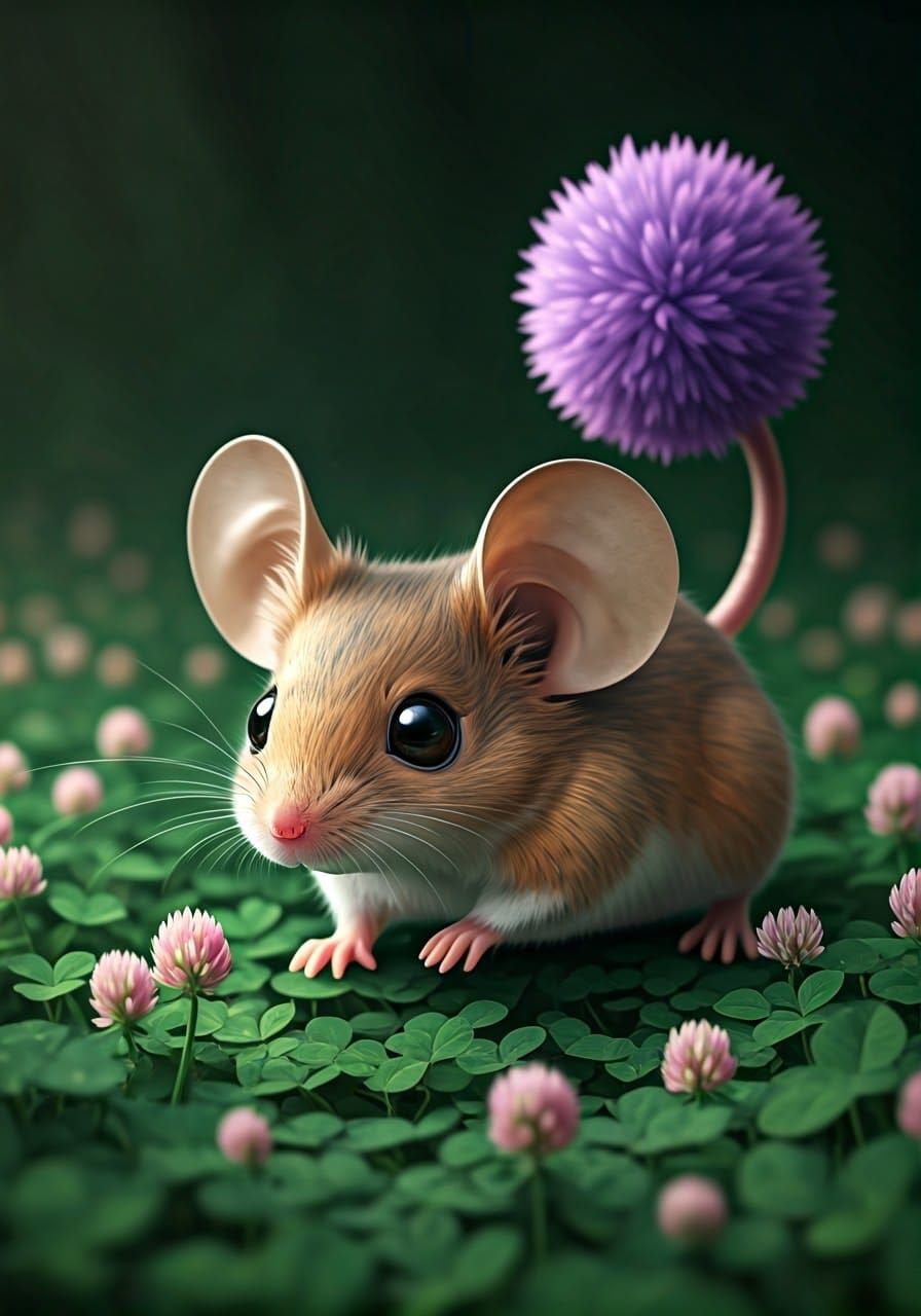 Adorable Pom-Pom Tailed Mouse in Clover Field