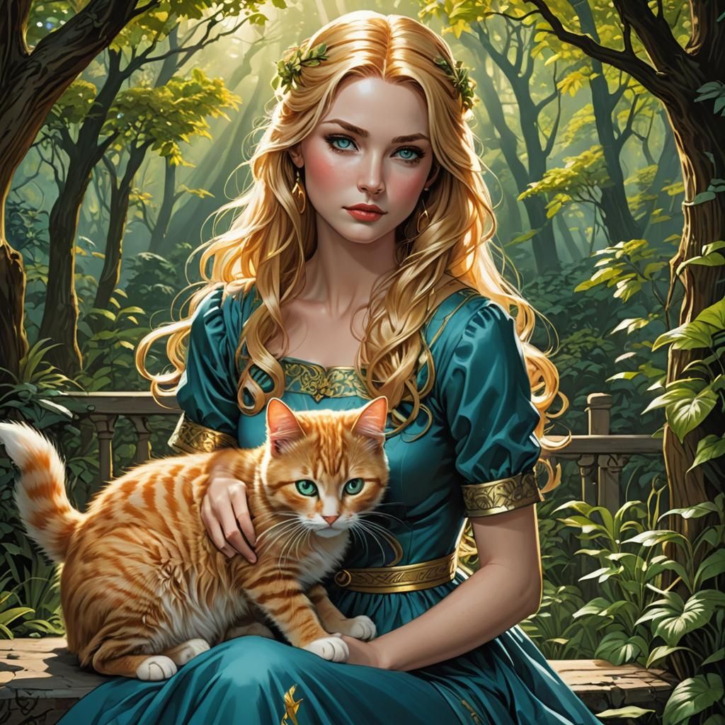 "A beautiful girl, blue dress, green eyes with golden hair a...