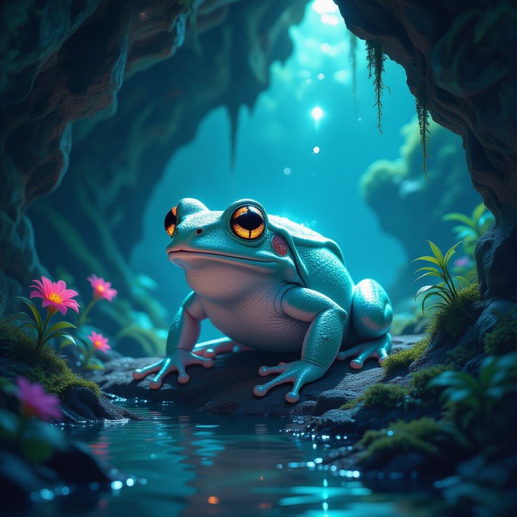 Bioluminescent Frog Exploring a Glowing Grotto