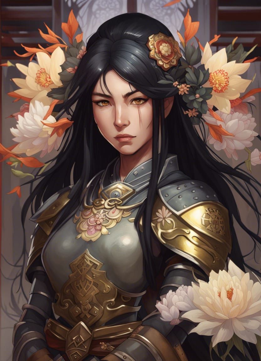 Shinto Priestess in Japanese Armor with Flowers