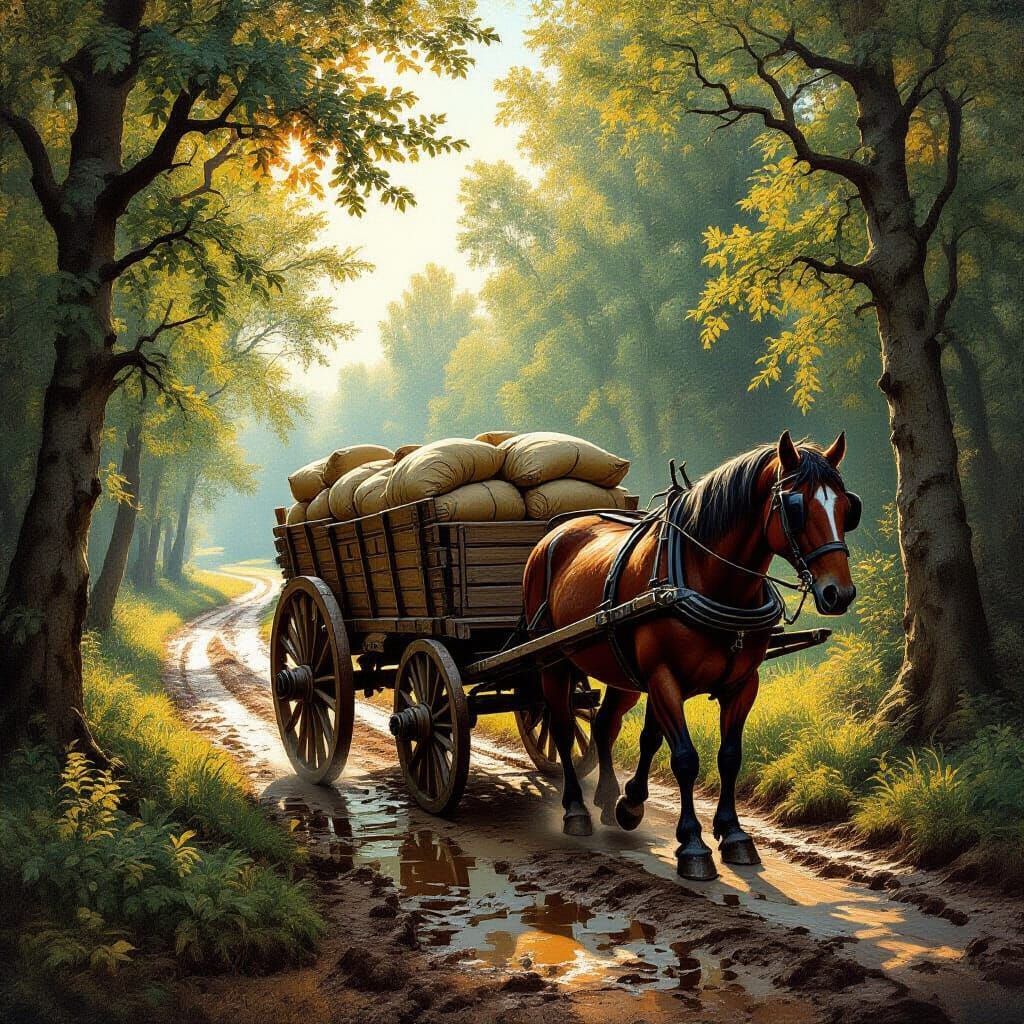 Medieval Cart and Horse in Sun-Dappled Forest