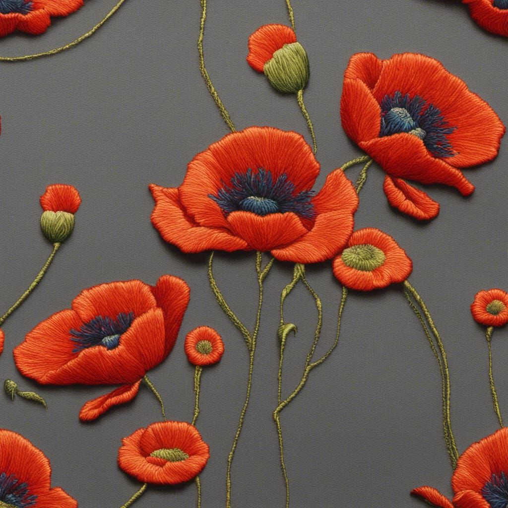 Neon Poppies Embroidered on Gray Silk Brocade