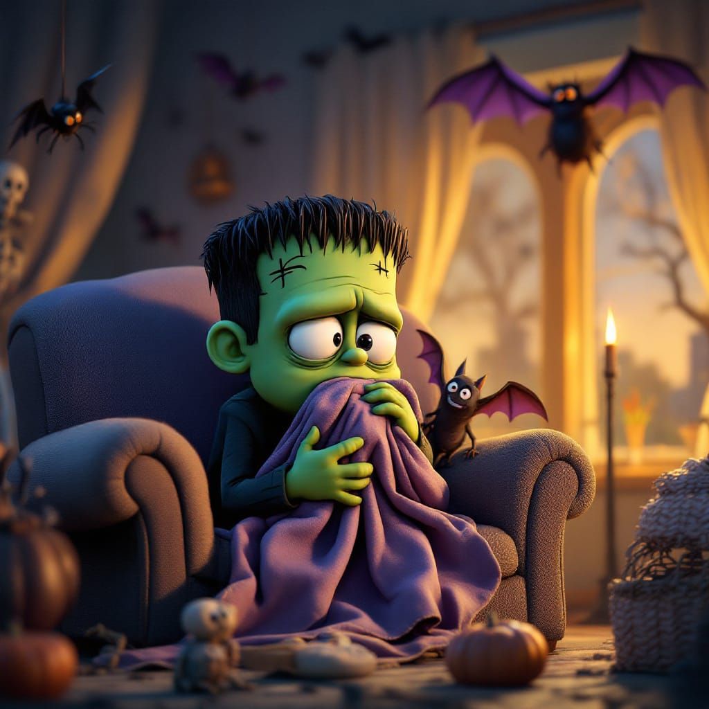 Timid Frankenstein Scared by Haunted House Decorations in Pi...