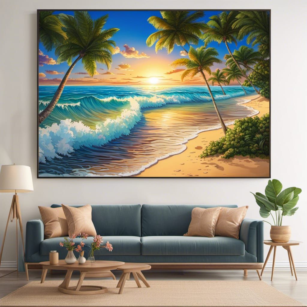 Tropical Beach Sunset in Anime Style