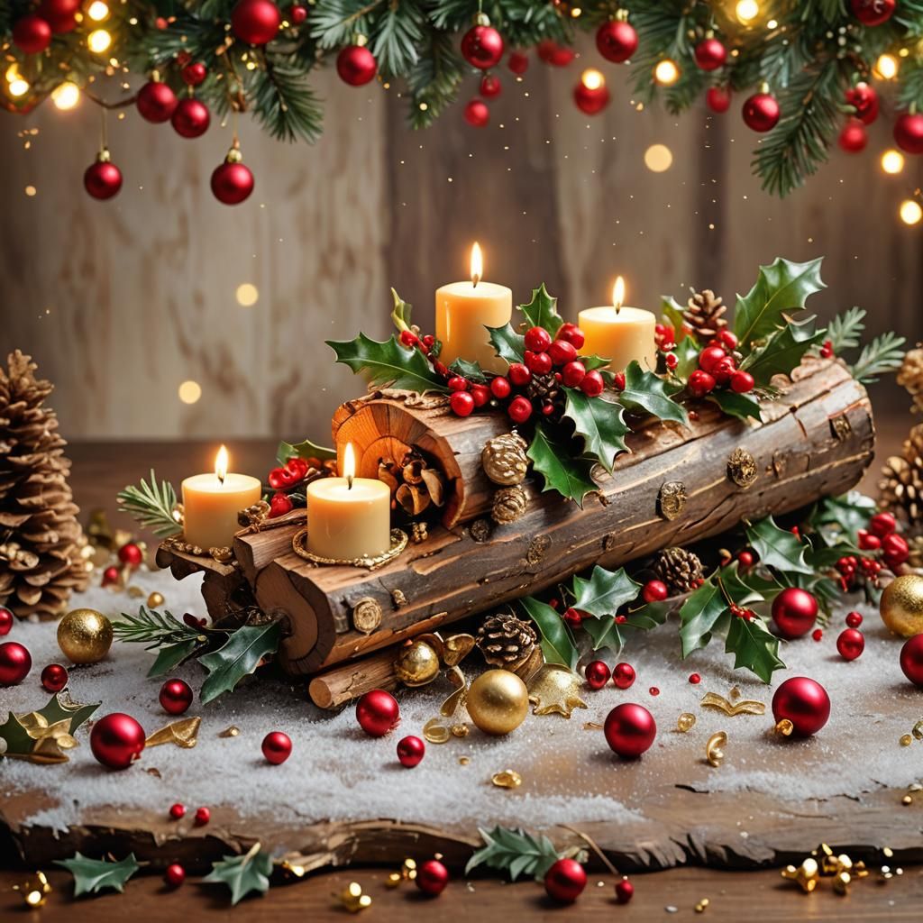 Festive Christmas Wood Log Centerpiece in Splash Art