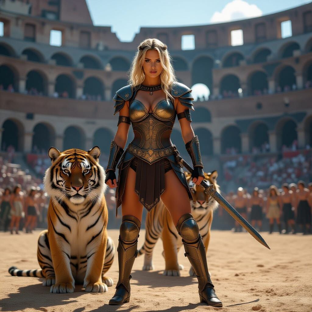 Victorious Gladiator and Tiger in Colosseum