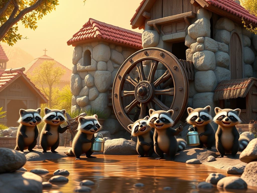Whimsical Raccoon Village Water Wheel Scene in Vibrant Digit...