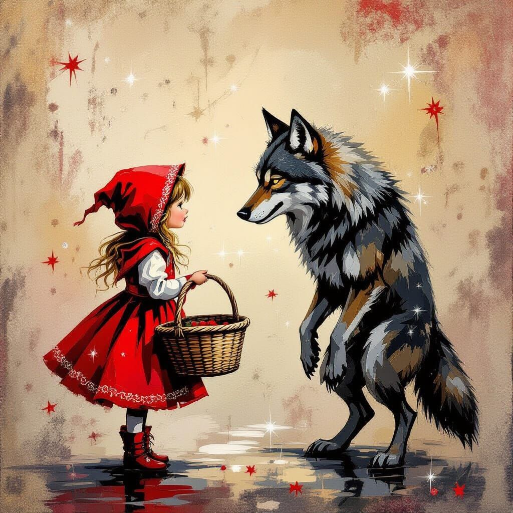 Little Red Riding Hood Meets Wolf in Disco, Ink Painting
