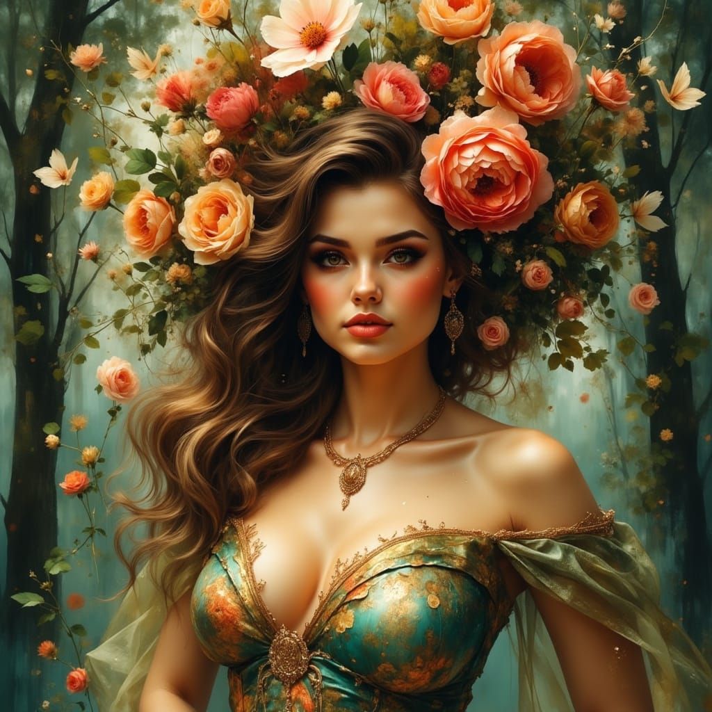 Floral Pin-Up in Mystical Forest, Art Nouveau Style