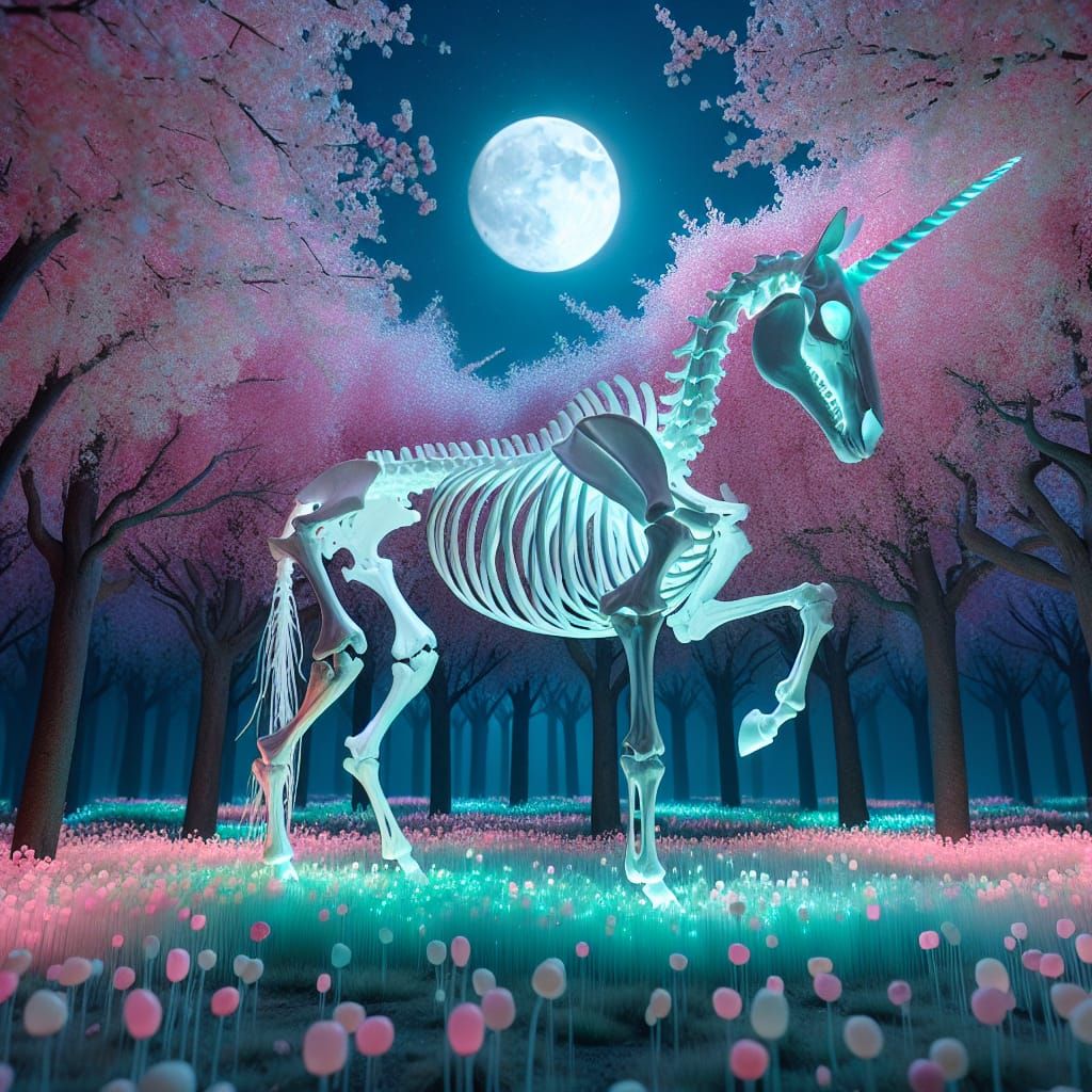 Pastel Skeletal Unicorn in Cherry Blossom Forest