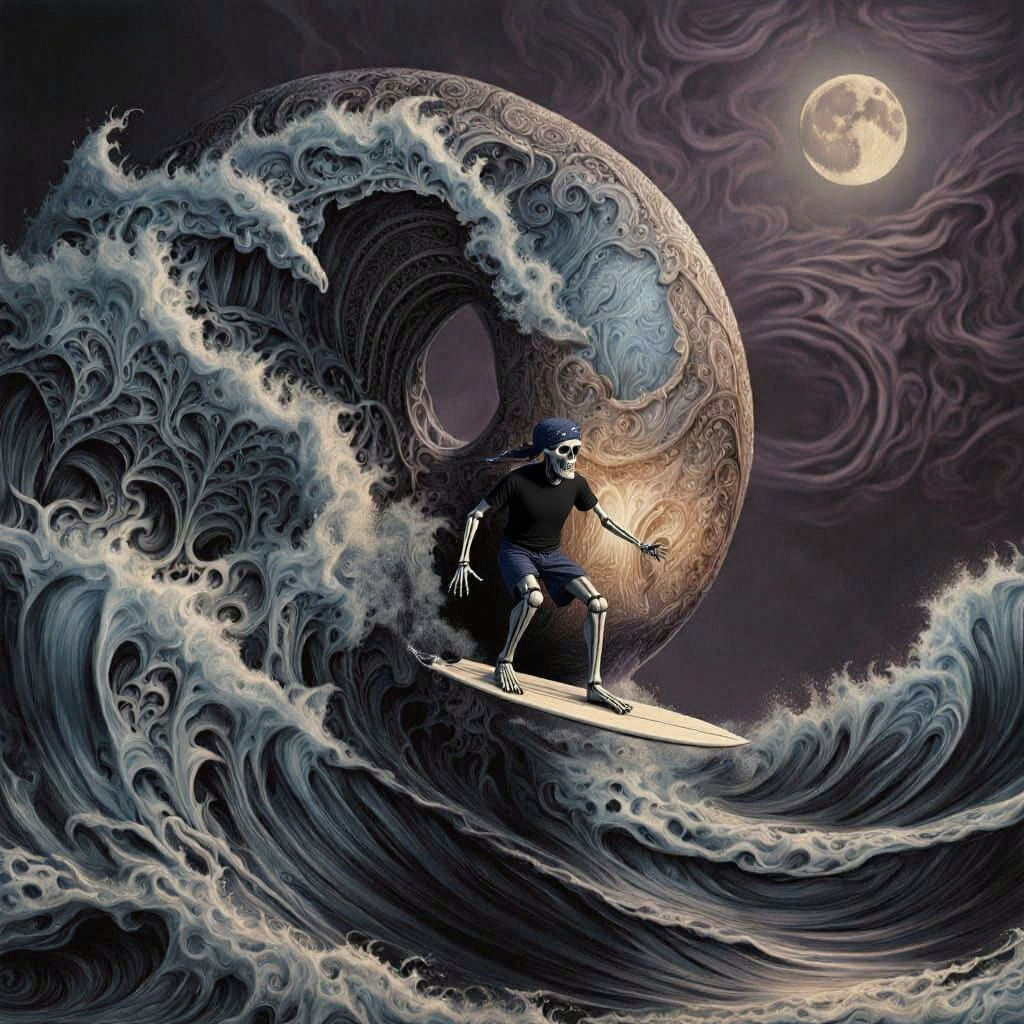 Metallic Surfer Rides a Wave Under Filigree Moon